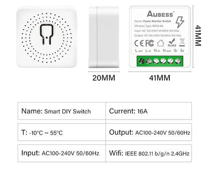 16A Tuya Smart WiFi Switch,2-way Mini Light Switch Power Metering Breaker